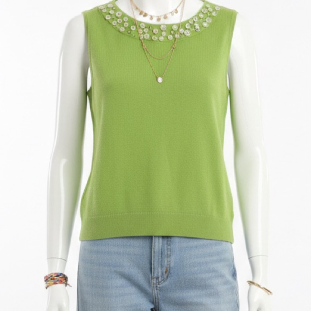 Vintage Y2K Preswick & Moore Green Knit Sleeveless‎ Sweater Button Neckline